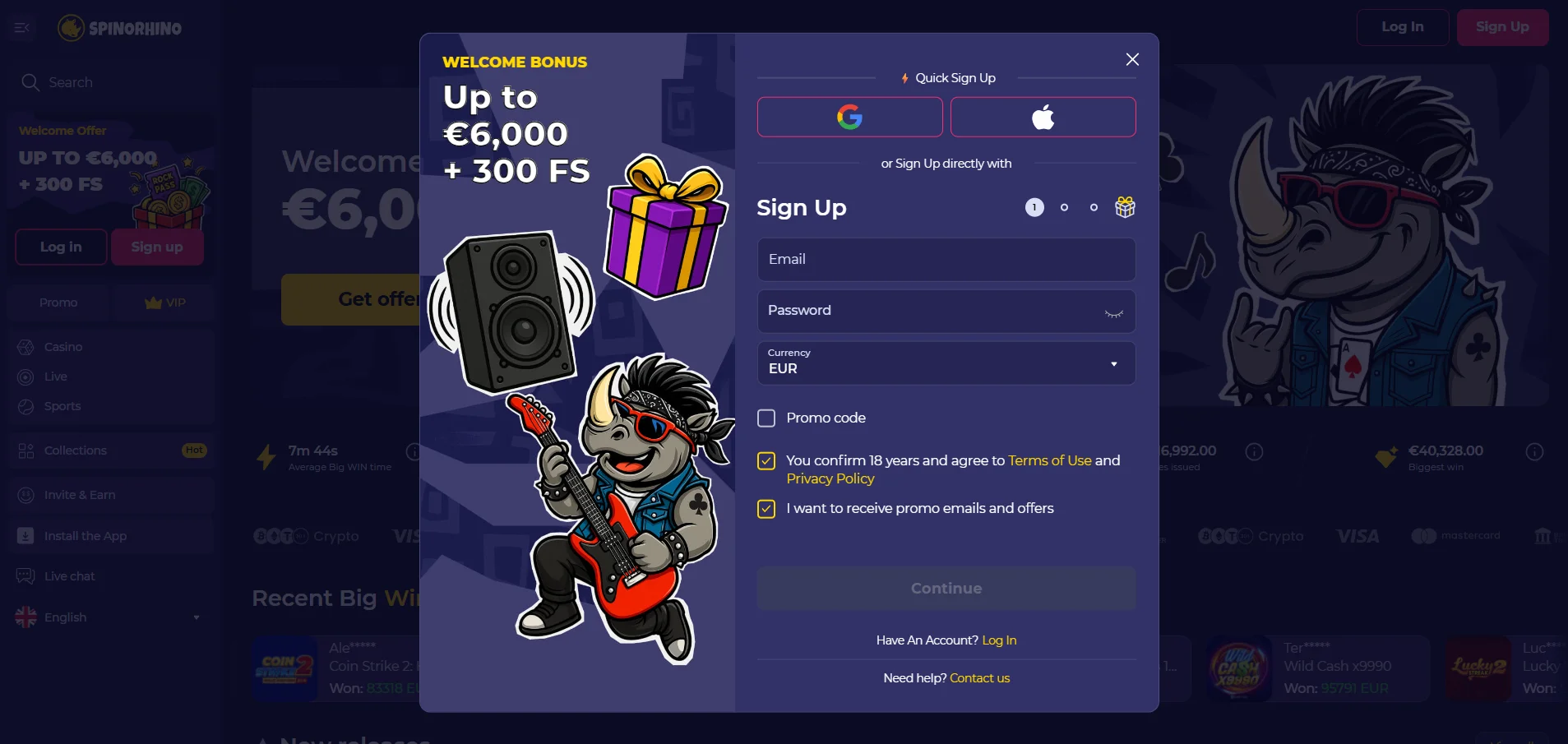 Spinorhino casino εγγραφή screenshot